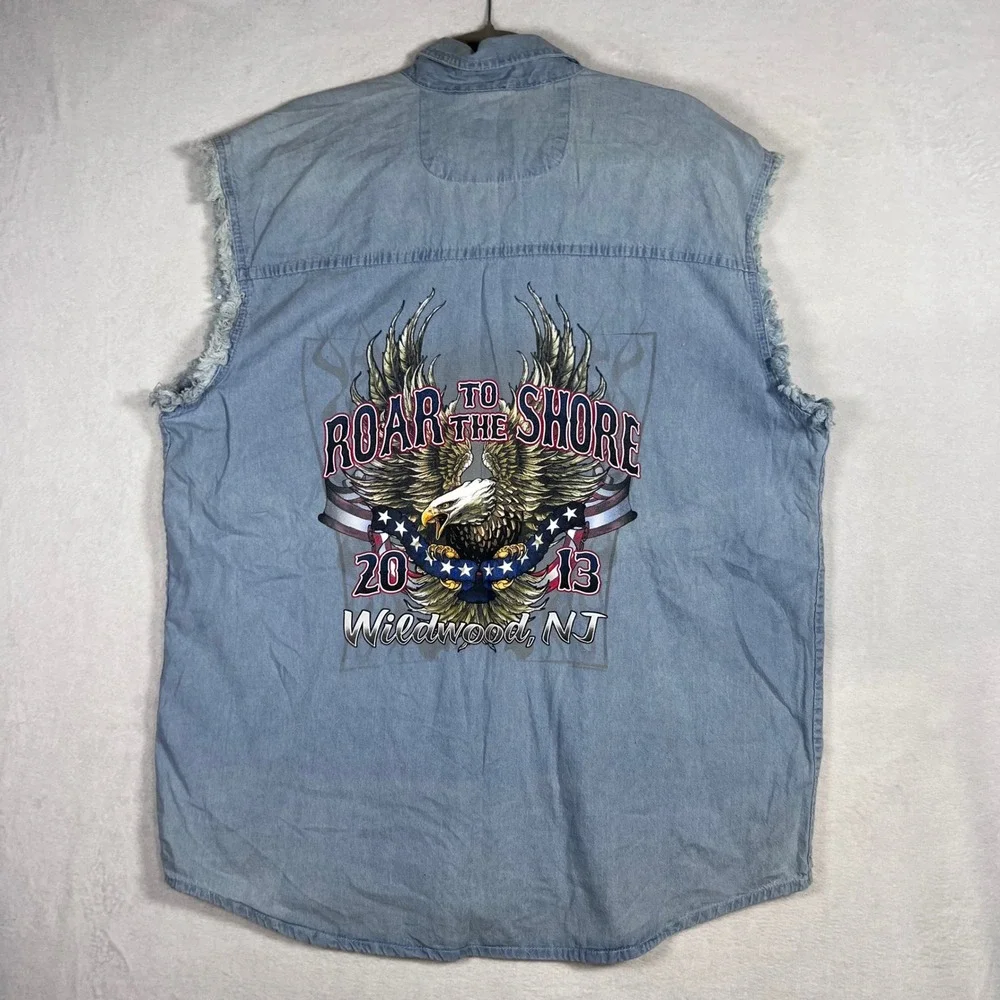 Hot Leathers Roar to the Shore 2013 Wildwood NJ Denim Biker Vest Mens Large Blue